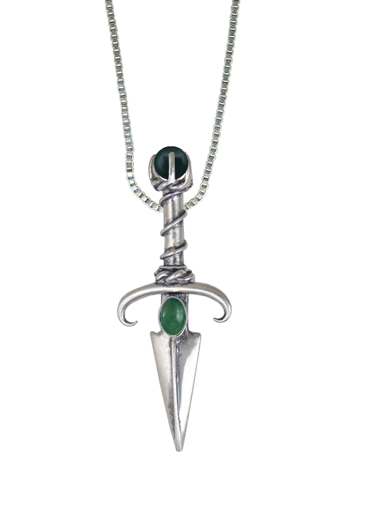 Sterling Silver Black Prince's Knife Dagger Pendant With Jade And Bloodstone